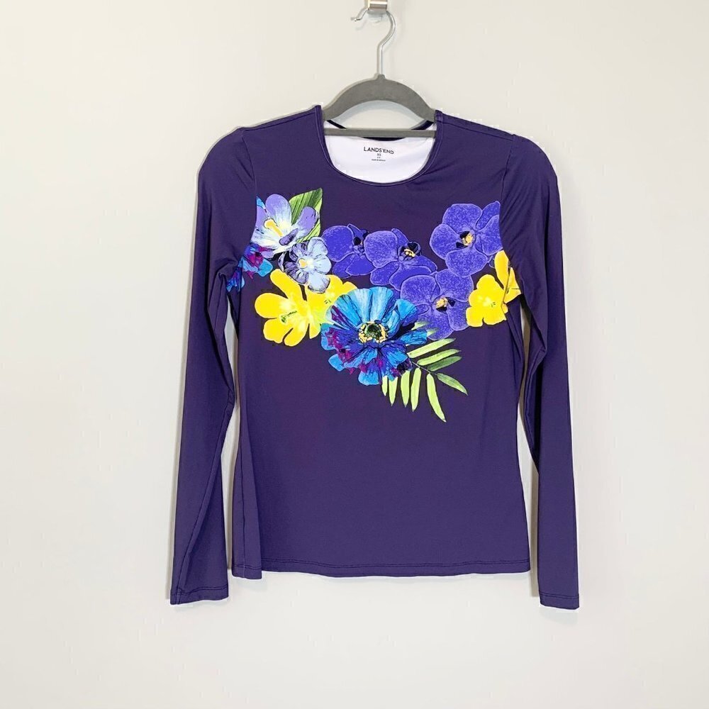 Lands End Womens XS Purple Floral Long Sleeve Rash Guard Swim Top 2-4